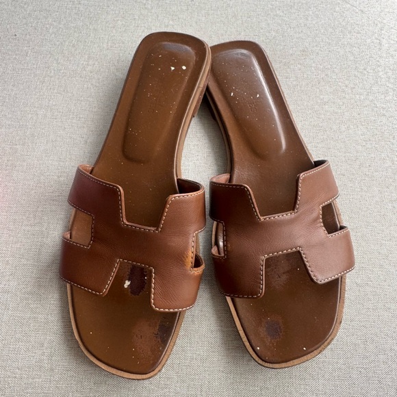 Brown Leather Slide Sandals Oran Hermes - Picture 1 of 1